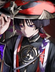 Rule 34 | 1boy, absurdres, black bodysuit, black hair, black hat, black sleeves, blunt ends, bodysuit, ce5 ez, closed mouth, electro symbol (genshin impact), expressionless, eyeliner, eyeshadow, fingernails, frilled sleeves, frills, genshin impact, gold, hand up, hat, highres, japanese clothes, jewelry, jingasa, juban, kimono, layered sleeves, looking to the side, makeup, male focus, mandarin collar, mismatched pupils, mitsudomoe (shape), neck ring, open clothes, open kimono, portrait, purple eyes, purple rope, purple sleeves, red eyeliner, red eyeshadow, red hat, red kimono, rope, scaramouche (genshin impact), shimenawa, short sleeves, signature, solo, tassel, tomoe (symbol), tsurime, two-tone hat, watermark, white kimono, white rope, wispy bangs