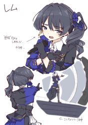 Rule 34 | 2girls, 4th live dream ~bloom the dream believers~, absurdres, arrow (symbol), black gloves, black hair, black jacket, black thighhighs, blue flower, blue jacket, bob cut, braid, collared shirt, commentary, compass (love live!), dollchestra, dress shirt, flower, gloves, grey eyes, grey hair, hair flower, hair intakes, hair ornament, half up braid, hashtag-only commentary, highres, holding, holding microphone, jacket, link! like! love live!, long hair, looking at viewer, love live!, microphone, multicolored jacket, multiple girls, multiple views, murano sayaka, official alternate costume, open mouth, outstretched arm, rem (love live!), shirt, short hair, side ponytail, sio pasta, standing, thighhighs, three-quarter sleeves, translation request, two-tone jacket, virtual youtuber, white background, white shirt, yugiri tsuzuri