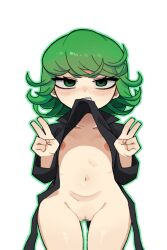 1girl aged_down annoyed black_dress censored clenched_teeth clothes_lift collarbone cowboy_shot dot_nose double_v dress dress_lift embarrassed eyelashes female_focus flat_chest green_eyes green_hair hands_up ino2002 lifting_own_clothes loli long_sleeves looking_at_viewer matching_hair/eyes medium_hair mosaic_censoring navel nipples no_bra no_panties one-punch_man simple_background solo standing tatsumaki teeth v wavy_hair white_background
