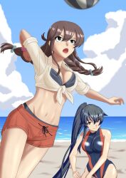 2girls alternate_costume ball beach beach_volleyball beachball bikini bikini_under_clothes black_bikini black_hair black_one-piece_swimsuit blue_sky braid breasts brown_hair cloud collared_shirt day dress_shirt green_eyes highres horizon kantai_collection kuroinu1997 large_breasts long_hair multiple_girls noshiro_(kancolle) noshiro_(swimsuit)_(kancolle) ocean official_alternate_costume one-piece_swimsuit outdoors ponytail red_eyes red_scrunchie red_shorts scrunchie shirt shorts sky swept_bangs swimsuit tied_shirt turtleneck turtleneck_one-piece_swimsuit twin_braids white_shirt yahagi_(kancolle)