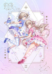 Rule 34 | 2girls, apron, back bow, blue bow, blue dress, blue eyes, blue shoes, blue thighhighs, border, bow, brown hair, cake, cake slice, closed mouth, commentary request, dessert, dress, food, frilled apron, frills, gemini (constellation), gradient background, hair bun, holding, holding tray, layered dress, long hair, looking at viewer, maid, maid headdress, multiple girls, open mouth, original, pink bow, pink dress, pink eyes, pink shoes, pink thighhighs, renian, shoes, siblings, single thighhigh, smile, striped clothes, striped thighhighs, thighhighs, thighs, tray, twins, white apron, white thighhighs