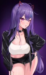 1girl absurdres ahoge akuma_nihmune black_jacket black_nails black_shorts breasts cleavage_cutout clothing_cutout demon_horns facial_mark fake_horns heart heart_facial_mark heart_tattoo highres horns indie_virtual_youtuber jacket large_breasts long_hair looking_at_viewer lunarisbloom midriff navel open_clothes open_jacket purple_background purple_eyes purple_hair shorts solo tattoo virtual_youtuber