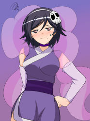 Rule 34 | 1girl, black hair, blush, breasts, catback, choker, cosplay, elsea de lute irma (cosplay), elysia de lute ima, elysia de lute ima (cosplay), female focus, gradient background, hagoromo, hair ornament, kami nomi zo shiru sekai, large breasts, nose blush, purple background, purple eyes, shawl, short hair, skull hair ornament, solo, sweatdrop, takahara ayumi