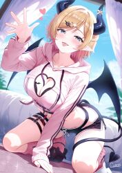 1girl :p absurdres arched_back bed black_horns black_shorts blonde_hair bra bra_peek breast_tattoo breasts cleavage cleavage_cutout clothing_cutout commentary_request cropped_hoodie curio_(curiofinity) day demon_girl demon_horns demon_tail demon_wings dolphin_shorts drawstring full_body garter_straps gradient_hair green_eyes hair_ornament hairclip heart heart_cutout highres hip_vent hololive hood hoodie horn_ornament horn_ring horns kneehighs kneeling large_breasts looking_at_viewer loose_socks multicolored_hair navel official_alternate_costume pink_hair pink_hoodie pink_socks pointy_ears short_hair shorts single_garter_strap slippers socks solo swept_bangs tail tail_around_own_leg tattoo tongue tongue_out underwear virtual_youtuber winged_heart winged_heart_tattoo wings yuzuki_choco yuzuki_choco_(roomwear)