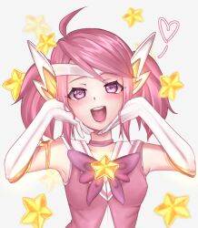 Rule 34 | 1girl, absurdres, antenna hair, armlet, bare shoulders, blush, breasts, choker, collar, elbow gloves, eyelashes, female focus, gloves, hands on own face, highres, jewelry, league of legends, looking at viewer, lux (league of legends), magical girl, matching hair/eyes, medium hair, meemz a, official alternate costume, open mouth, petite, pink choker, pink eyes, pink hair, pink shirt, sailor collar, shirt, simple background, small breasts, smile, solo, star guardian (league of legends), star guardian lux, teeth, tongue, twintails, upper body, upper teeth only, white background, white collar, white gloves