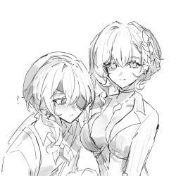 1boy 1girl aglaea_(fashion)_(honkai:_star_rail) aglaea_(honkai:_star_rail) anaxa_(honkai:_star_rail) blush breasts chyuchyulam commentary_request eyepatch greyscale hetero highres honkai:_star_rail honkai_(series) jewelry korean_commentary large_breasts looking_at_breasts monochrome necklace no_bra official_alternate_costume open_clothes open_shirt shirt short_hair smile upper_body