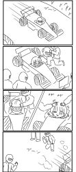 1girl 4koma 4others :3 artist_request bad_id bad_tumblr_id car character_request check_source comic copyright_request driving dust_cloud formula_one formula_racer gloves grass headpat highres jacket long_sleeves medium_hair monochrome motion_lines motor_vehicle multiple_others on_one_knee one_eye_closed pit_crew putting_on_headwear race_vehicle racecar racetrack removing_helmet smile sound_effects source_request spoiler_(automobile) translated unused_tire