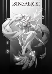 1girl anklet backlighting barefoot bikini dress fins head_fins headdress highres holding holding_instrument holding_violin instrument jewelry kidy_(kidy_siow) long_hair looking_to_the_side monochrome ningyo_hime_(sinoalice) parted_lips ribbon sad see-through_clothes sidelocks sinoalice sitting swimsuit twintails very_long_hair violin