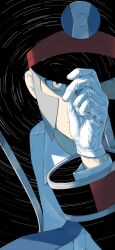 1boy black_coat blending blue_necktie closed_mouth coat collared_shirt commentary creatures_(company) game_freak gloves grey_hair hand_on_headwear highres ingo_(pokemon) long_sleeves looking_at_viewer male_focus necktie nintendo open_clothes open_coat pokemon pokemon_bw shirt sideburns simple_background solo symbol-only_commentary upper_body white_gloves white_shirt yonno_rkgk