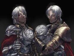 2boys arm_armor armor beard black_background blue_eyes breastplate cloak closed_mouth commentary d_beholder_of_death d_hunter_of_the_dead elden_ring facial_hair full_armor gauntlets highres light_smile long_hair looking_at_viewer medium_hair multiple_boys red_cloak shadow shoulder_armor siblings symbol-only_commentary twins tworain_w upper_body white_hair