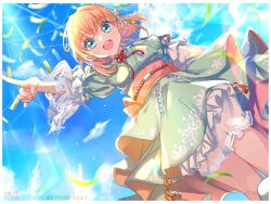 1girl :d aoku_haruka arm_up blue_eyes blue_sky character_age character_name cloud commentary_request confetti cowboy_shot dated day dress dutch_angle green_kimono hair_intakes happy_birthday highres hinoshita_kaho index_finger_raised japanese_clothes kimono kimono_dress link!_like!_love_live! looking_at_viewer love_live! medium_hair obi obijime official_alternate_costume open_mouth orange_hair orange_sash outdoors puffy_short_sleeves puffy_sleeves sakari_(pear_8_ll) sash short_dress short_sleeves sky smile solo virtual_youtuber