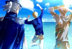 Rule 34 | 3boys, arm up, barefoot, black hat, blonde hair, blue shirt, brown hair, day, edmond dantes (fate), edmond dantes (monte cristo selection) (fate), epaulettes, facing away, fate/grand order, fate (series), feet out of frame, gilgamesh, gilgamesh (caster) (fate), gilgamesh (establishment) (fate), gilgamesh (fate), grey hair, hands on own head, hat, highres, kuropani cos, male focus, multiple boys, ocean, outdoors, ponytail, robin hood (fate), robin hood (summer hunter) (fate), shirt, short hair, sky, summer, wading