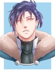 1boy artist_name blue_background blue_hair felix_hugo_fraldarius felix_hugo_fraldarius_(timeskip) fire_emblem fire_emblem:_three_houses fur_trim highres male_focus nintendo orange_eyes ponytail portrait solo teeth yumikari07