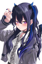 1girl absurdres belt belt_collar bent_v black_belt black_hair blue_hair blue_nails blush closed_mouth collar collared_shirt commentary_request demon_girl demon_horns demon_wings earrings grey_jacket grey_necktie hair_between_eyes hand_up highres horns ichinose_uruha ichinose_uruha_(6th_costume) jacket jewelry long_hair long_sleeves looking_at_viewer multicolored_hair nail_polish necktie nisi_ki_no open_clothes open_jacket pout purple_eyes shirt sidelocks simple_background solo streaked_hair two_side_up upper_body v virtual_youtuber vspo! white_background white_shirt wings