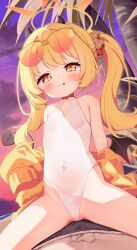 1boy 1girl absurdres black_tail blonde_hair blue_archive blush breasts commentary cosplay covered_navel demon_horns demon_tail demon_wings flat_chest halo highres horns ibuki_(blue_archive) loli long_hair one-piece_swimsuit seia_(blue_archive) seia_(blue_archive)_(cosplay) seia_(swimsuit)_(blue_archive) setmen side_ponytail small_breasts swimsuit symbol-only_commentary tail tongue tongue_out white_one-piece_swimsuit wings yellow_eyes