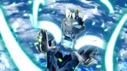 Rule 34 | 1boy, alien, armor, black skin, blue skin, blue sky, breastplate, cloud, cloudy sky, color timer, colored skin, commentary, compound eyes, dorsal fin, dutch angle, energy, energy weapon, eye slugger, forehead jewel, gem, glowing, glowing eyes, glowing weapon, green gemstone, highres, index fingers raised, light particles, looking at viewer, male focus, midair, multicolored skin, outstretched arms, pectorals, red skin, shoulder armor, shoulder pads, silver skin, sky, solo, tachibana satsuki (artist), tokusatsu, toned, toned male, ultra series, ultraman z, ultraman z (alpha edge), ultraman z (series), upper body, weapon, white eyes
