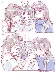 Rule 34 | ..., 3girls, ?, animification, aoku haruka/flower, black hair, chinese commentary, closed mouth, commentary request, fang, flipped hair, flying sweatdrops, frown, hand on another&#039;s cheek, hand on another&#039;s face, hayama fuka, highres, kurusu rin, ladybug/beauty (love live!), link! like! love live!, love live!, miracreation/elegance, multi-tied hair, multiple girls, off-shoulder shirt, off shoulder, open mouth, ponytail, puffy short sleeves, puffy sleeves, real life, sakurai hina, shirt, short hair, short sleeves, spoken ellipsis, sweatdrop, twitter username, v-shaped eyes, voice actor, white shirt, woodonly, yuri