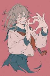 Rule 34 | 1girl, blue eyes, blue hair, blue skirt, cropped legs, genderswap, genderswap (mtf), grin, heart, heart hands, heterochromia, highres, jujutsu kaisen, long hair, mahito (jujutsu kaisen), mim (mimya0600), neckerchief, pink background, pleated skirt, ponytail, red neckerchief, school uniform, skirt, smile, solo, stitched arm, stitched face, stitched neck, stitches, teeth, yellow eyes