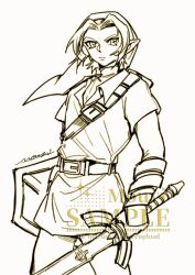 Rule 34 | 1boy, artist name, belt, belt buckle, buckle, closed mouth, cowboy shot, earrings, highres, holding, holding shield, holding sword, holding weapon, jewelry, link, looking at viewer, male focus, mouyi, nintendo, parted bangs, phrygian cap, pointy ears, sample watermark, shield, short hair, sketch, solo, sword, the legend of zelda, the legend of zelda: ocarina of time, tunic, watermark, weapon, white background