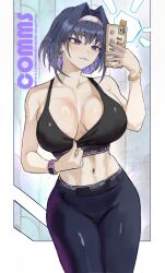 1girl :3 absurdres alternate_costume black_bra blue_hair bra bra_pull breasts calvin_klein clothes_pull commission earrings hair_intakes hairband highres holding holding_phone hololive hololive_english hoop_earrings jewelry large_breasts ornate_phone_case ouro_kronii pants park_ongjol phone product_placement purple_eyes selfie solo sports_bra sports_bra_pull underwear yoga_pants