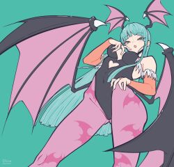 Rule 34 | 1girl, animal print, bare shoulders, bat print, bat wings, breasts, bridal gauntlets, capcom, cleavage, clothing cutout, demon girl, fur-trimmed leotard, fur trim, green eyes, green hair, head wings, heart cutout, highres, leotard, long hair, looking at viewer, morrigan aensland, pantyhose, print pantyhose, purple pantyhose, purple wings, solo, tunacan olive, darkstalkers, wings