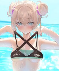 1girl absurdres aqua_eyes bikini black_bikini blonde_hair blue_sky blurry blurry_background breasts cloud commentary_request criss-cross_halter day double-parted_bangs double_bun hair_between_eyes hair_bun halterneck hands_up highres hololive holonatsu_paradise kazama_iroha kazama_iroha_(holonatsu_paradise) layered_bikini looking_at_viewer medium_breasts nekoi_(nekoi_0116) ocean official_alternate_costume official_alternate_hairstyle outdoors parted_lips short_hair sky solo strap_lift swimsuit upper_body virtual_youtuber wet