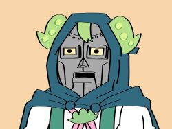 1boy blue_hood brown_background commentary_request cosplay doctor_doom fantastic_four highres hood hood_up looking_at_viewer male_focus marvel masked pea_pod shirt simple_background solo touhoku_kiriko upper_body voiceroid voicevox white_shirt zundamon zundamon_(cosplay)