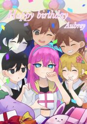 Rule 34 | 2girls, 4boys, antenna hair, aubrey (faraway) (omori), aubrey (omori), basil (faraway) (omori), basil (omori), black eyes, black hair, black sweater vest, blonde hair, blue eyes, blue hairband, blue sweater, blush, brown eyes, brown hair, character name, closed eyes, closed mouth, collared shirt, confetti, crop top, dark-skinned male, dark skin, flower, forest bunny (omori), gift, green sweater vest, grin, hair flower, hair ornament, hairband, happy birthday, hero (faraway) (omori), hero (omori), highres, holding, holding gift, jacket, kel (faraway) (omori), kel (omori), long hair, looking at another, looking at viewer, mari (omori), mari (spirit) (omori), mr. plantegg (omori), multiple boys, multiple girls, navel, omori, one eye closed, open mouth, parted lips, pink hair, shirt, short hair, short sleeves, sirokuronodoame, smile, stuffed animal, stuffed eggplant, stuffed rabbit, stuffed toy, sunny (omori), sweater, sweater vest, teeth, upper teeth only, white jacket, white shirt