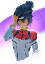 1girl artist_name beanie black_hat clenched_teeth commentary cropped_torso english_commentary gundam gundam_gquuuuuux hat highres mecha_pilot_suit nomaumona nyaan_(gundam_gquuuuuux) pom_pom_(clothes) pom_pom_beanie purple_background purple_hair solo teeth twitter_username updo white_background yellow_eyes