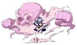 1boy 1girl bing_zizi blue_eyes blue_hair clenched_hands cloud dress full_body highres holding hood hood_up hoop jewelry kumoi_ichirin medium_hair open_mouth pendant simple_background touhou unzan white_background white_footwear wide_sleeves