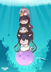 4girls absurdres aqua_hair bandaid bandaid_on_face bandaid_on_nose black_bodysuit black_hair black_hood blue_jumpsuit blush bodysuit bread_bun bubble colored_inner_hair dominatrix doro_(nikke) folded_hair food food_in_mouth goddess_of_victory:_nikke grey_hair hair_intakes highres holding jumpsuit little_mermaid_(nikke) long_hair mihara_(bonding_chain)_(nikke) mihara_(nikke) mori_(nikke) multicolored_hair multiple_girls musan_pro pink_hair purple_hair short_hair twintails very_long_hair wardress_(nikke) white_mask yuni_(chimera)_(nikke) yuni_(nikke)