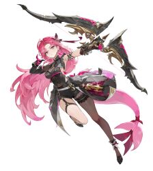 1girl absurdres black_gloves black_thighhighs codename_j covered_navel gloves guardian_tales hair_ornament highres long_hair official_art pink_hair single_thighhigh solo tagme tail thighhighs transparent_background yellow_eyes