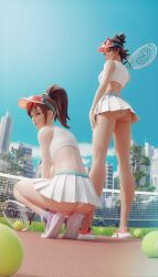 2girls 3d absurdres ass ball blue_sky breasts brown_hair building crop_top d.va_(overwatch) from_below fugtrup highres holding_tennis_racket kiriko_(overwatch) long_hair looking_at_viewer looking_back midriff multiple_girls outdoors overwatch pleated_skirt ponytail protected_link racket skirt sky sleeveless squatting standing tennis_ball tennis_court tennis_net tennis_racket upskirt white_skirt