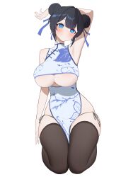 1girl arm_behind_head arm_up armpits bare_arms bare_shoulders black_hair blue_eyes breasts bright_pupils brown_thighhighs china_dress chinese_clothes closed_mouth clothing_cutout commentary_request commission double_bun dress floral_print floral_print_dress hair_bun hair_ribbon hantata highres kneeling korean_commentary large_breasts looking_at_viewer mole mole_on_breast original panties pelvic_curtain print_dress ribbon short_hair side-tie_panties side-tie_peek simple_background skindentation sleeveless sleeveless_dress smile solo string_panties thighhighs underboob underboob_cutout underwear white_background white_dress