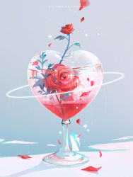 1girl angel angel_wings artist_name cup dress drinking_glass flower glass grey_background highres huhv. leaf long_hair original petals red_flower red_rose reflection rose rose_petals simple_background solo sparkle water_drop white_dress white_wings wine_glass wings