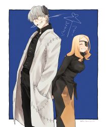 1boy 1girl black_pants black_shirt black_skirt blonde_hair blue_background cigarette coat collared_shirt cowboy_shot eyepatch facing_viewer franken_stein_(soul_eater) glasses grey_hair grin hands_in_pockets height_difference highres hissiu lab_coat long_hair long_skirt long_sleeves marie_mjolnir pants round_eyewear shirt short_hair simple_background skirt smile smoke smoking soul_eater standing stitched_face stitches teeth two-tone_background white_background white_coat