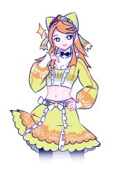 1girl abs black_bow black_bowtie bow bowtie crop_top etie_(fire_emblem) fire_emblem fire_emblem_engage floralprotector gem green_bow green_eyes green_shirt green_skirt highres hooded_top nintendo orange_gemstone orange_hair shirt skirt swept_bangs tiara