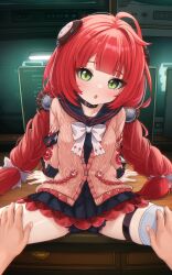 1boy 1girl absurdres black_choker black_panties black_sailor_collar black_skirt blue_thighhighs bow bowtie braid breasts cardigan choker commentary comodox english_commentary green_eyes hetero highres indoors large_variant_set loli long_hair long_sleeves looking_at_viewer miniskirt open_mouth paid_reward_available panties pink_cardigan pleated_skirt pov pov_hands red_hair sailor_collar single_thighhigh sitting skirt small_breasts solo_focus spread_legs striped_clothes striped_thighhighs thigh_strap thighhighs twin_braids ukinami_yuzuha underwear variant_set white_bow white_bowtie zenless_zone_zero