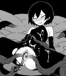 1girl akableak arms_at_sides ass bare_shoulders black_background black_gloves black_hair black_pants black_shirt blush bob_cut bound bound_arms bound_legs breasts clenched_teeth clitoral_hood clitoris closed_eyes commentary cum cum_on_clothes elbow_gloves embarrassed english_commentary feet_out_of_frame gloves grey_background greyscale grimace groin hair_between_eyes high_contrast highres looking_at_viewer lying monochrome monogatari_(series) nose_blush on_back oshino_ougi outline pants parted_lips pussy raised_eyebrows shirt short_hair sleeveless sleeveless_shirt sleeveless_turtleneck small_breasts solo spread_by_another spread_legs spread_pussy sweatdrop teeth tentacle_sex tentacles torn_clothes torn_pants turtleneck uncensored urethra urethral_insertion white_outline wide_spread_legs wince