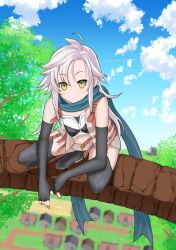 1girl absurdres ahoge alexmercerart blue_sky breasts clip_studio_paint_(medium) cloud cropped_jacket eiyuu_densetsu elbow_gloves fie_claussell fingerless_gloves gloves hair_between_eyes highres looking_at_viewer outdoors parted_bangs scarf sen_no_kiseki sen_no_kiseki_(series) sen_no_kiseki_iii short_hair sidelocks sitting sky small_breasts solo thighhighs tree white_hair yellow_eyes