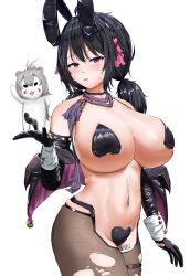 1girl animal_ears barcode barcode_tattoo black_death black_gloves black_hair blush breasts brown_dust_(series) brown_dust_2 cleavage elbow_gloves fake_animal_ears gloves groin heart_maebari heart_pasties highres holding holding_mini_person large_breasts leg_tattoo loen_(brown_dust_2) loen_(celebrity_bunny)_(brown_dust_2) looking_at_viewer maebari medium_hair meme_attire mini_person navel open_mouth pantyhose pasties purple_eyes rabbit_ears reverse_bunnysuit reverse_outfit short_twintails sideboob simple_background solo stomach sweat tattoo thigh_strap torn_clothes torn_pantyhose transparent_background twintails white_wrist_cuffs wrist_cuffs yuri_(brown_dust) yuridori_(brown_dust)