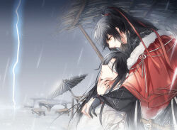Rule 34 | 2boys, black gloves, black hair, black hanfu, black robe, blindfold, canopy (shelter), cape, chinese clothes, chinese commentary, closed mouth, covered eyes, cowboy shot, facing another, fur-trimmed cape, fur trim, gloves, hair between eyes, hair ribbon, hand on another&#039;s chin, hanfu, hug, hug from behind, lightning, long hair, long sleeves, looking at another, looking down, looking up, male focus, modao zushi, multiple boys, oil-paper umbrella, parted lips, partially fingerless gloves, ponytail, rain, red cape, red ribbon, ribbon, robe, single glove, smile, stool, table, umbrella, upper body, watermark, weibo watermark, white hanfu, white robe, wooden table, xiao xiao zuowen, xiao xingchen, xue yang, yaoi, yellow eyes