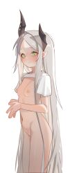 1girl absurdres asymmetrical_horns black_horns blush breasts cleft_of_venus closed_mouth cowboy_shot from_side goddess_of_victory:_nikke green_eyes grey_hair hands_up highres holypotato0 horns leviathan_(nikke) long_hair looking_at_viewer looking_to_the_side navel nipples pointy_ears pussy shirt short_sleeves small_breasts smile solo steepled_fingers twitter_cutting_game uneven_horns very_long_hair white_background white_shirt