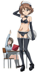2girls 9s0ykoyama117 absurdres alternate_costume bikini black_bow black_bowtie black_thighhighs bow bowtie breasts brown_eyes brown_hair closed_eyes earrings enmaided full_body garter_belt garter_straps girls_und_panzer highres jewelry keizoku_school_uniform long_hair looking_at_viewer maid maid_bikini maid_headdress mika_(girls_und_panzer) multiple_girls navel one_eye_closed open_mouth reino_(girls_und_panzer) school_uniform short_hair simple_background small_breasts smile swimsuit thighhighs unconventional_maid white_background wink
