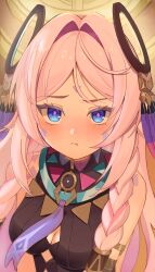1girl :t absurdres bare_shoulders blue_eyes blush braid breasts citlali_(genshin_impact) cleavage cleavage_cutout closed_mouth clothing_cutout commentary_request genshin_impact highres long_hair looking_at_viewer medium_breasts multicolored_eyes necktie parted_bangs pink_hair pout solo sorairomatsuge symbol-shaped_pupils twin_braids upper_body