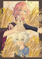 1boy 1girl bare_shoulders black_gloves blue_eyes blue_shirt coat commentary cyrene_(honkai:_star_rail) fingerless_gloves gloves hair_ornament highres honkai:_star_rail honkai_(series) jewelry medium_hair multicolored_hair necklace open_mouth phainon_(a_dream_scented_in_wheat)_(honkai:_star_rail) phainon_(honkai:_star_rail) pink_hair purple_coat reaching reaching_towards_another shirt short_hair smile symbol-only_commentary two-tone_hair umochinno37067 wheat wheat_field white_hair