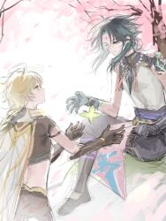2boys aether_(genshin_impact) ahoge back baggy_pants belt black_boots black_pants blonde_hair blue_gloves blush boots braid branch brown_gloves brown_pants brown_shirt bug butterfly cherry_blossoms chinese_clothes clenched_hand closed_mouth crystalfly_(genshin_impact) detached_sleeves eyeshadow floating_hair gauntlets genshin_impact gloves gold_trim green_butterfly hair_between_eyes hands_up highres insect jewelry long_hair long_sleeves looking_at_another low-braided_long_hair low-tied_long_hair makeup male_focus mandarin_collar midriff multicolored_hair multiple_boys necklace pants pearl_necklace pelvic_curtain petals purple_belt red_eyeshadow scarf shirt short_hair short_sleeves sidelocks simple_background single_bare_shoulder single_detached_sleeve sitting sleeveless sleeveless_shirt smile standing tassel tlqkffhadktlqkf tree two-tone_hair white_background white_scarf white_shirt wide_sleeves xiao_(genshin_impact) yaoi yellow_eyes