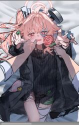 Rule 34 | + +, 1boy, 1girl, bandaged leg, bandages, betabeet, black jacket, black sweater, blue archive, candy, fang, finger in another&#039;s mouth, food, hair between eyes, held down, jacket, long hair, natsu (blue archive), natsu (halloween) (blue archive), one side up, pink hair, reaching, reaching towards viewer, red eyes, restrained, shirt, stitched face, stitched leg, stitches, sweater, white shirt