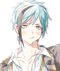 1boy black_hair blue_hair blush collarbone collared_shirt earrings floyd_koebito floyd_leech grey_eyes heterochromia highres jewelry male_focus multicolored_hair pout shirt short_hair simple_background solo streaked_hair twisted_wonderland white_background white_shirt yellow_eyes