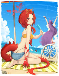 2girls animal_ears bangs_pinned_back bare_shoulders beach beach_umbrella bikini black_hair black_horns blue_archive blue_halo breasts cat_ears colored_skin crab denim denim_shorts dragon_girl dragon_horns dragon_tail electric_fan food hair_intakes hairband halo highres holding holding_food holding_ice_cream horns ice_cream kikyou_(blue_archive) kikyou_(swimsuit)_(blue_archive) long_hair looking_at_viewer multicolored_skin multiple_girls nagusa_(blue_archive) nagusa_(swimsuit)_(blue_archive) nekomata official_alternate_costume official_alternate_hairstyle orange_hairband piisu purple_hair purple_halo red_eyes red_hair red_halo red_skin renge_(blue_archive) renge_(swimsuit)_(blue_archive) short_shorts shorts sitting small_breasts smile snowflake_halo swimsuit tail umbrella wariza white_hair yellow_bikini yukari_(blue_archive) yukari_(swimsuit)_(blue_archive)